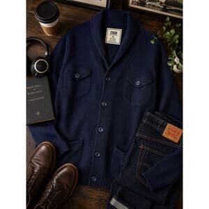 CHOR Men’s XL Navy Shawl Collar Knit Cardigan Grandpa Core Quiet Luxury Sweater